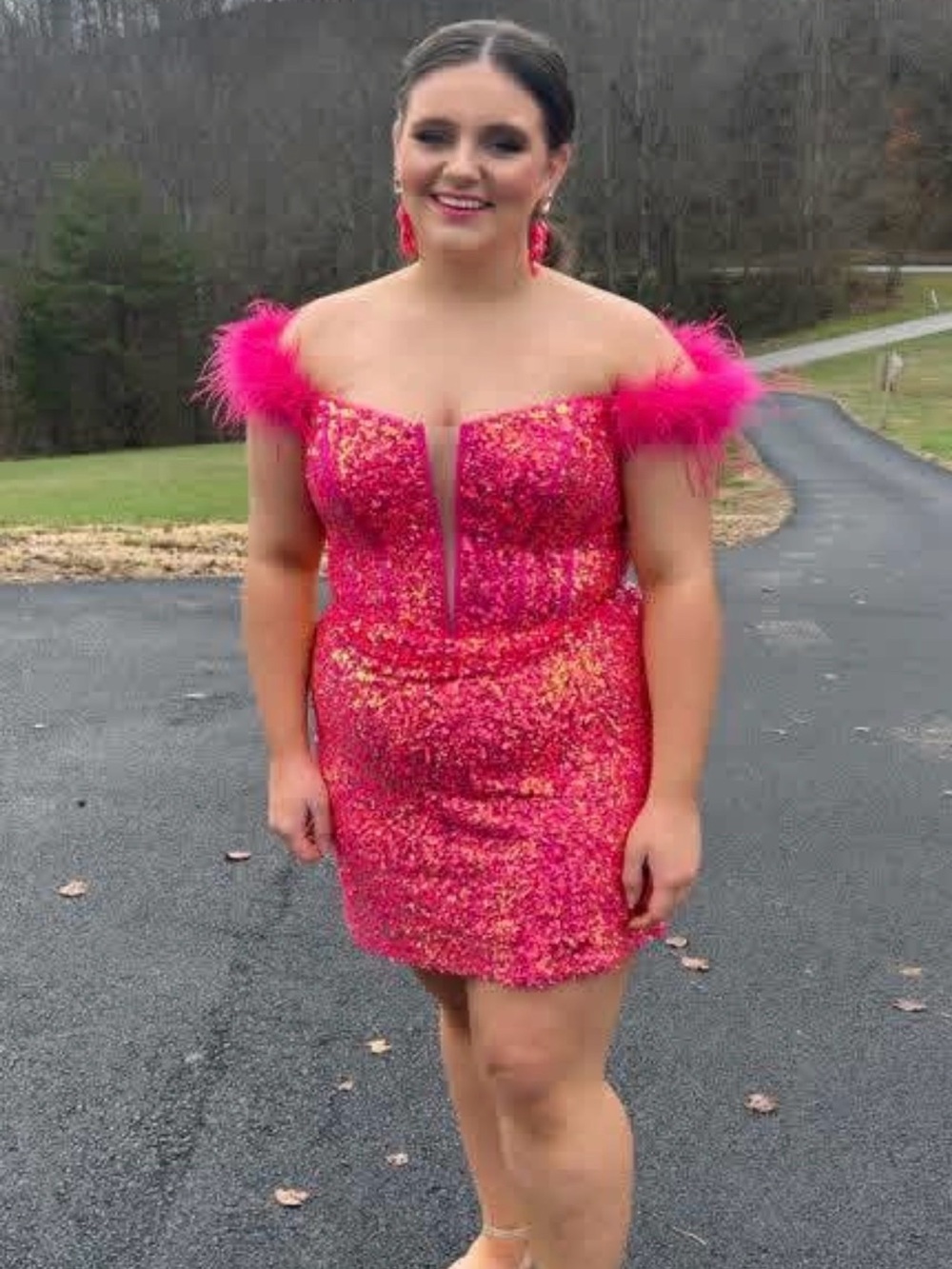 Sherri Hill Hot Pink Sequin Off-Shoulder Mini Dress with Feather Trim